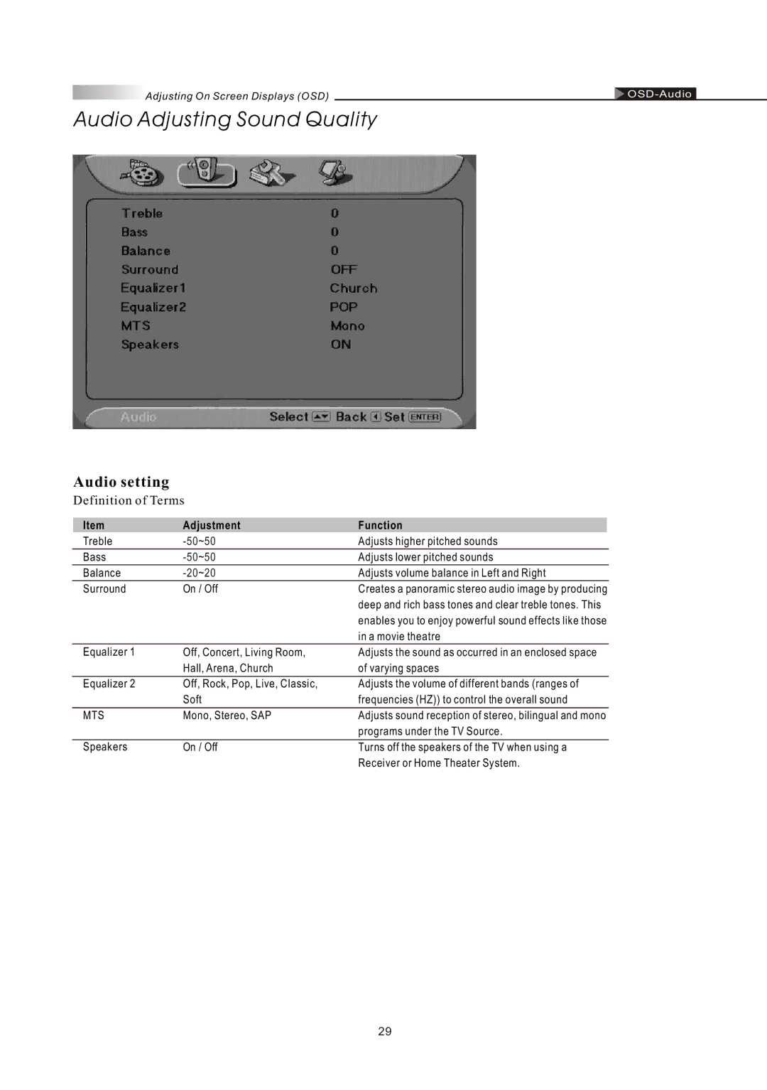 Olevia LT32HVM Series, LT32HVE Series manual Audio Adjusting Sound Quality, Audio setting 