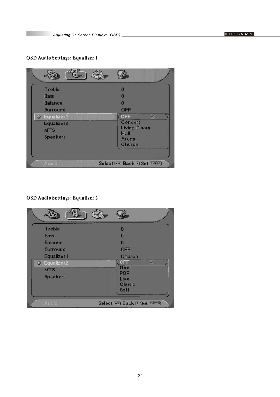 Olevia LT32HVM Series, LT32HVE Series manual OSD Audio Settings Equalizer 