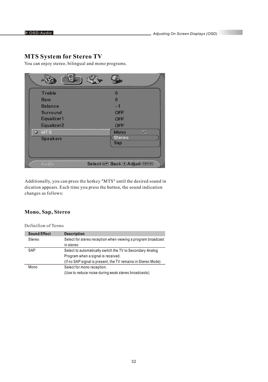 Olevia LT32HVE Series, LT32HVM Series manual MTS System for Stereo TV, Mono, Sap, Stereo 