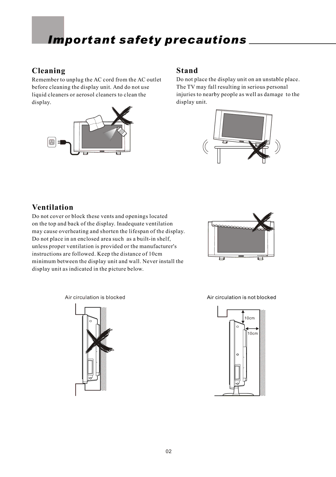 Olevia LT32HVE Series, LT32HVM Series manual Important safety precautions, Cleaning, Ventilation Stand 