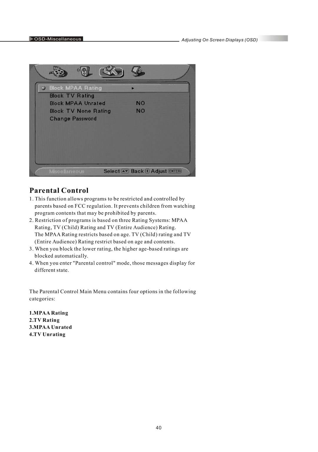 Olevia LT32HVE Series, LT32HVM Series manual Parental Control 