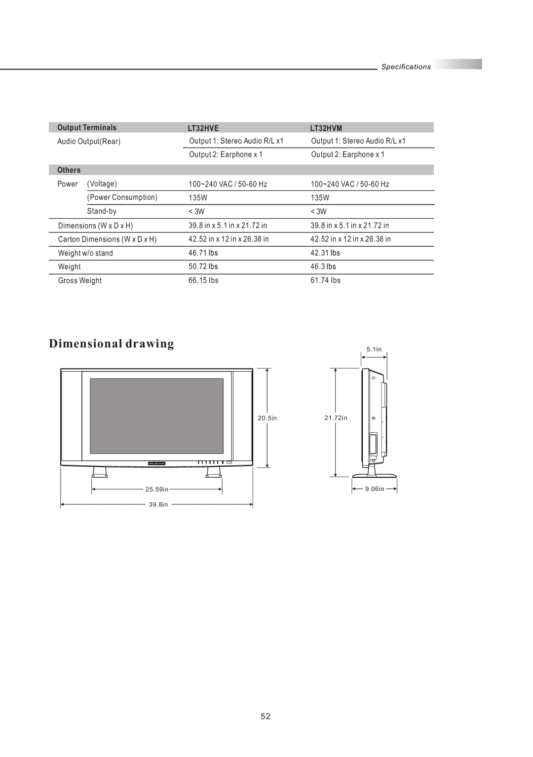 Olevia LT32HVE Series, LT32HVM Series manual Dimensional drawing 