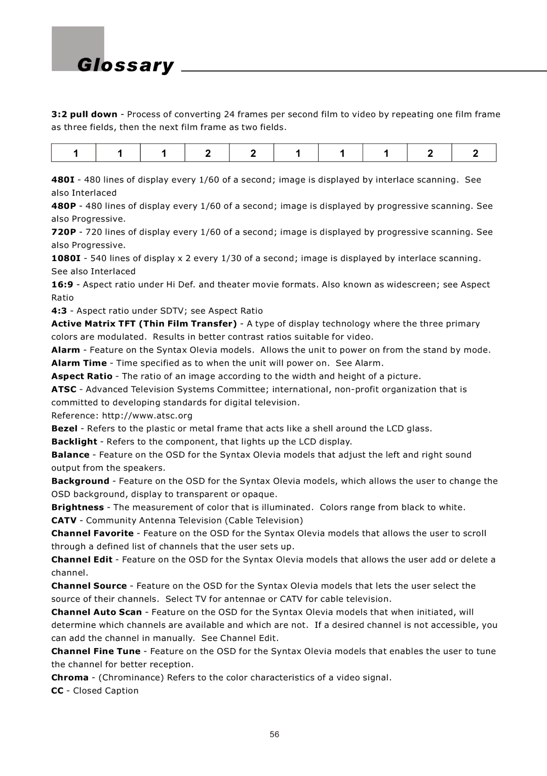 Olevia LT32HVE Series, LT32HVM Series manual Glossary 