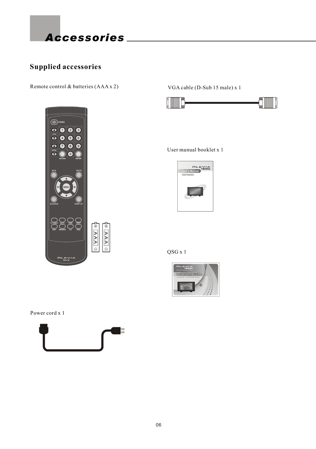 Olevia LT32HVE Series, LT32HVM Series manual Accessories, Supplied accessories 