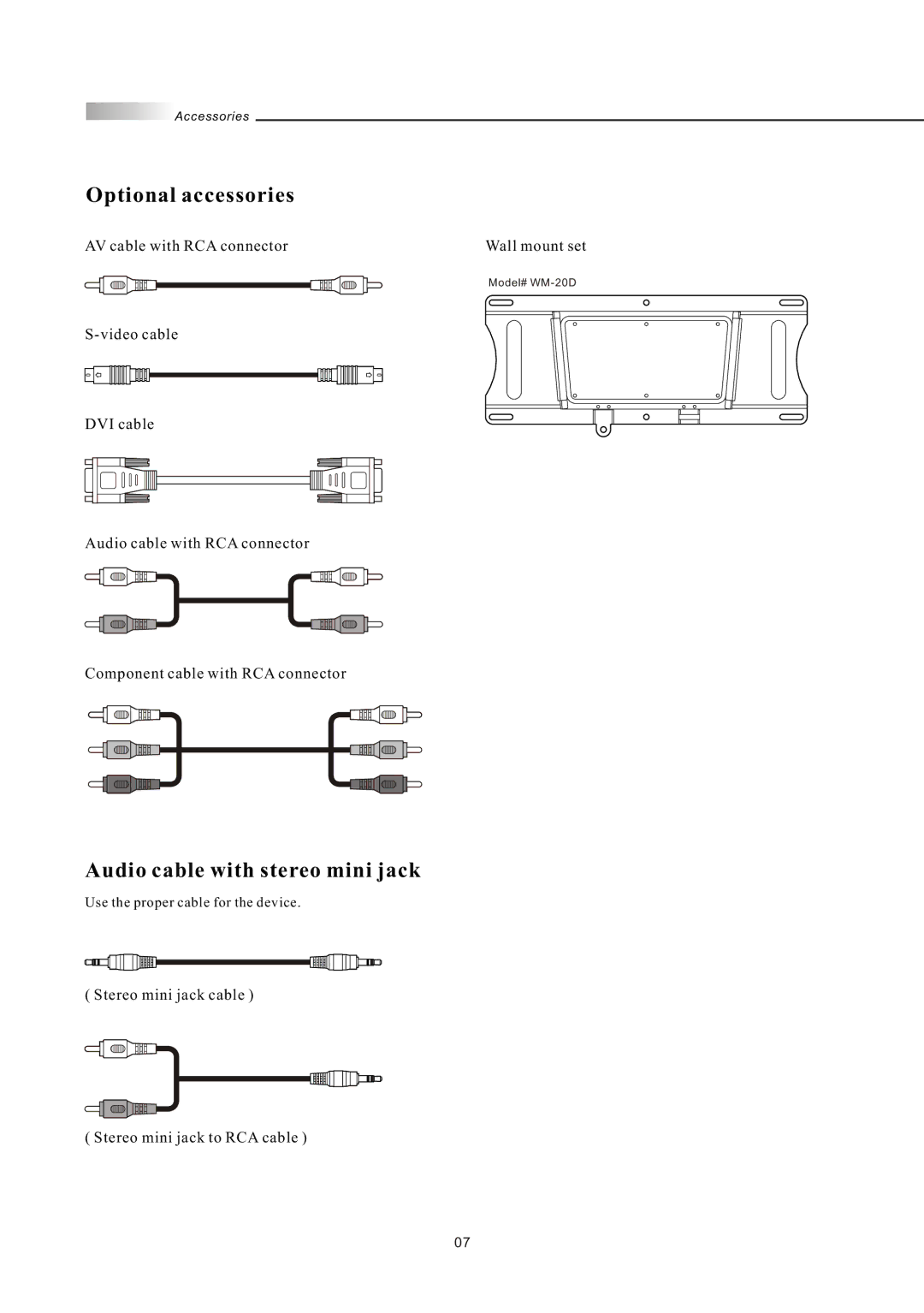 Olevia LT32HVM Series, LT32HVE Series manual Optional accessories, Audio cable with stereo mini jack 