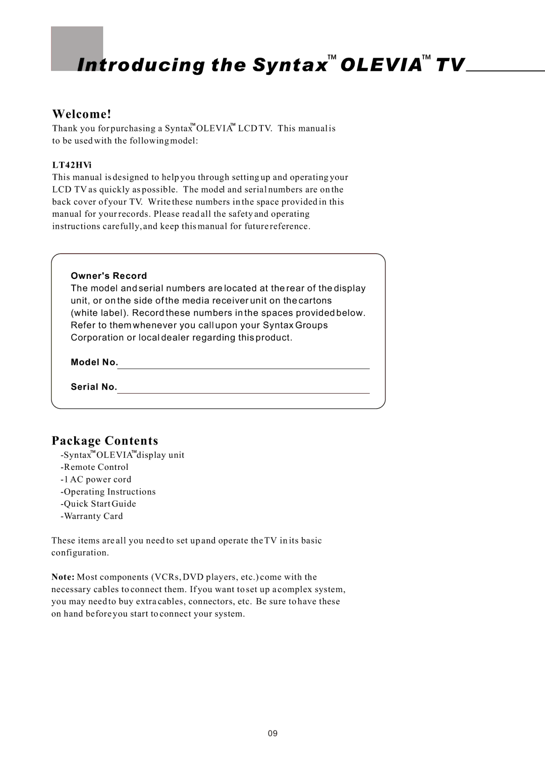 Olevia LT42HVi manual Introducing the Syntax Olevia TV, Welcome, Package Contents 