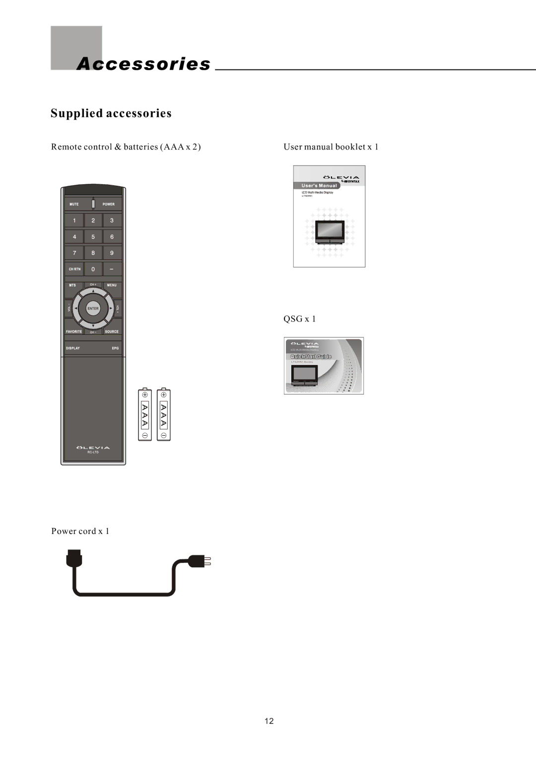 Olevia LT42HVi manual Accessories, Supplied accessories 