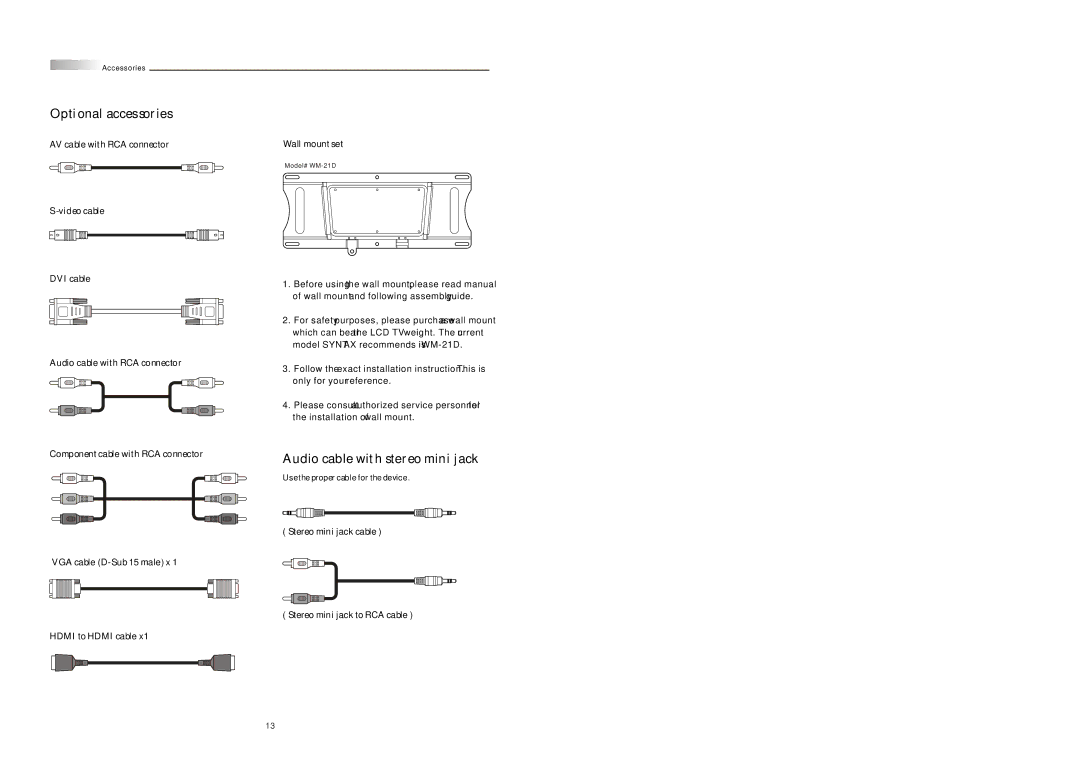 Olevia LT42HVi manual Optional accessories, Audio cable with stereo mini jack 