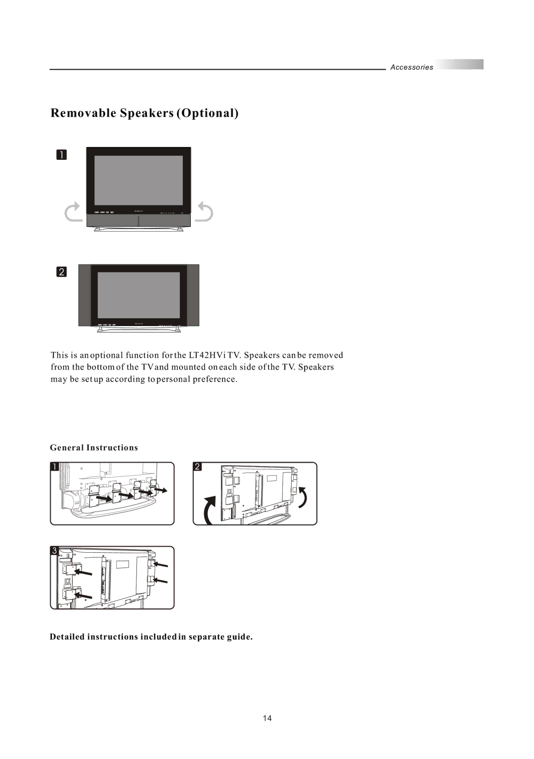 Olevia LT42HVi manual Removable Speakers Optional, General Instructions, Detailed instructions included in separate guide 