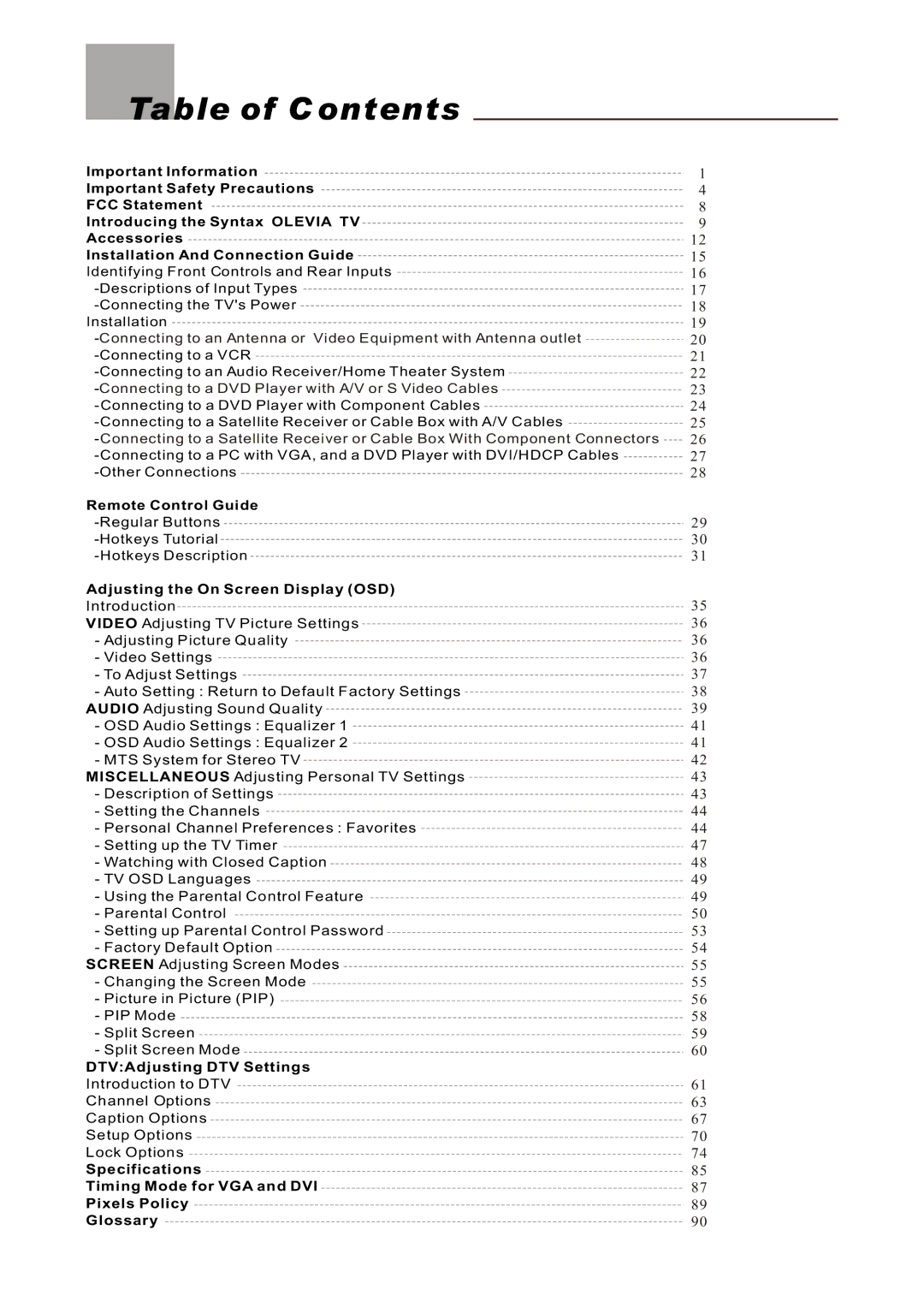 Olevia LT42HVi manual Table of C ontents, Connecting to a DVD Player with A/V or S Video Cables 