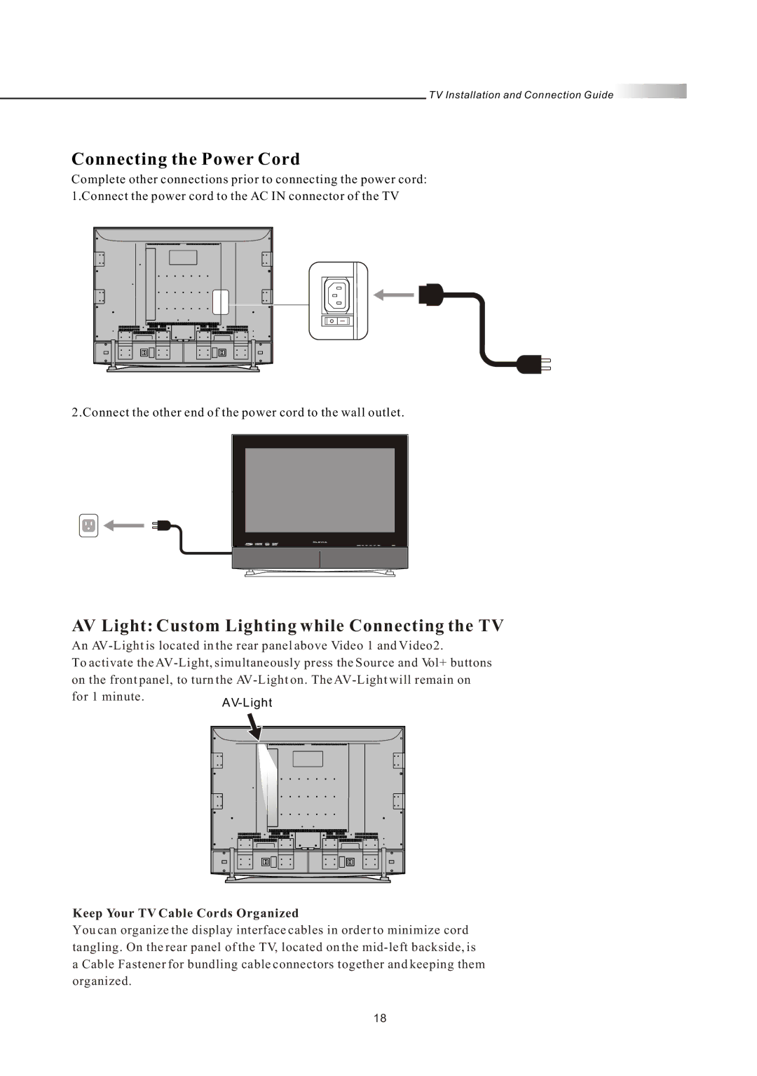 Olevia LT42HVi manual Connecting the Power Cord, AV Light Custom Lighting while Connecting the TV 