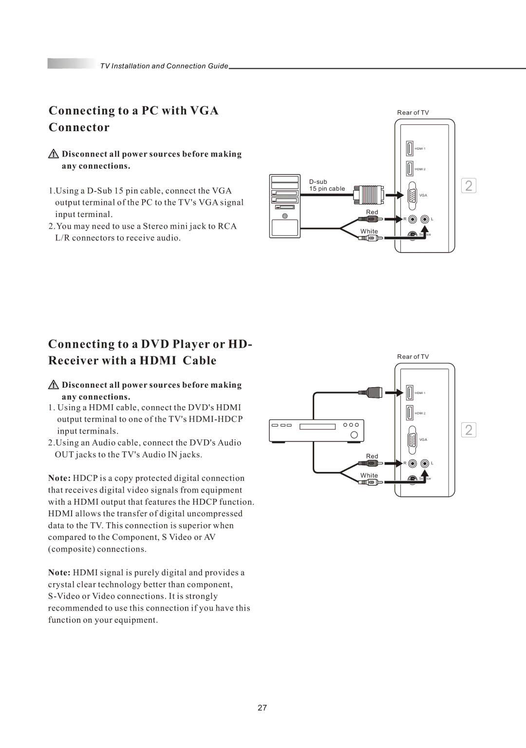 Olevia LT42HVi manual Connecting to a PC with VGA Connector, Connecting to a DVD Player or HD Receiver with a Hdmi Cable 