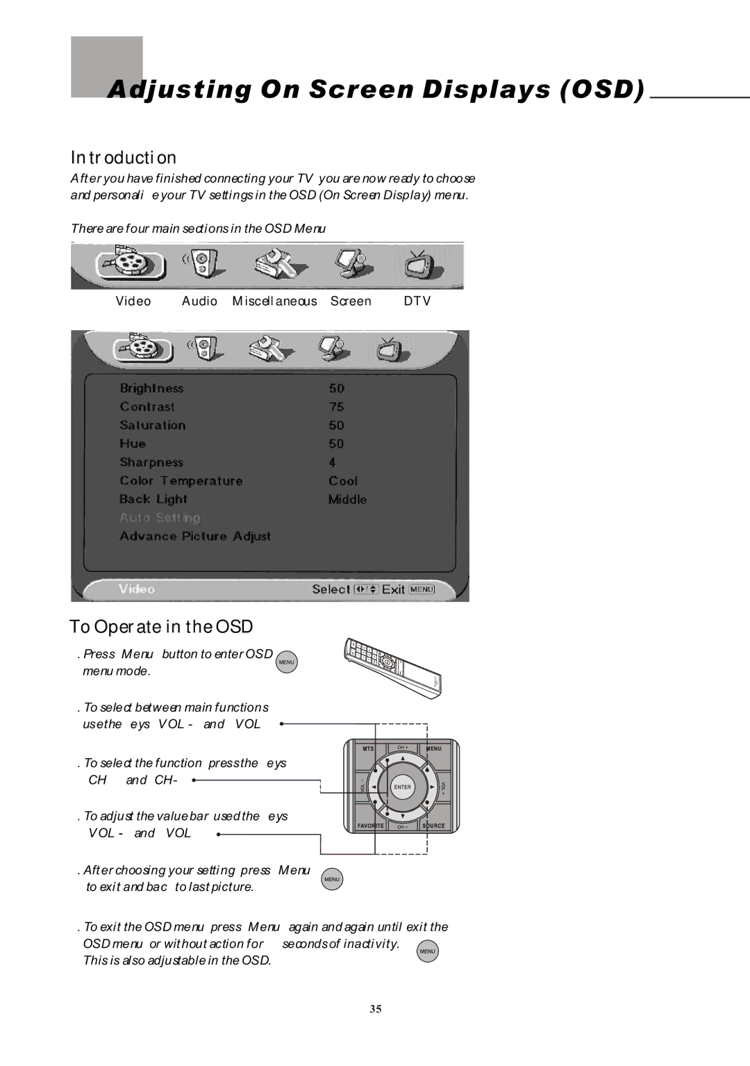 Olevia LT42HVi Adjusting On Screen Displays OSD, Introduction, To Operate in the OSD, Video Audio Miscellaneous Screen 