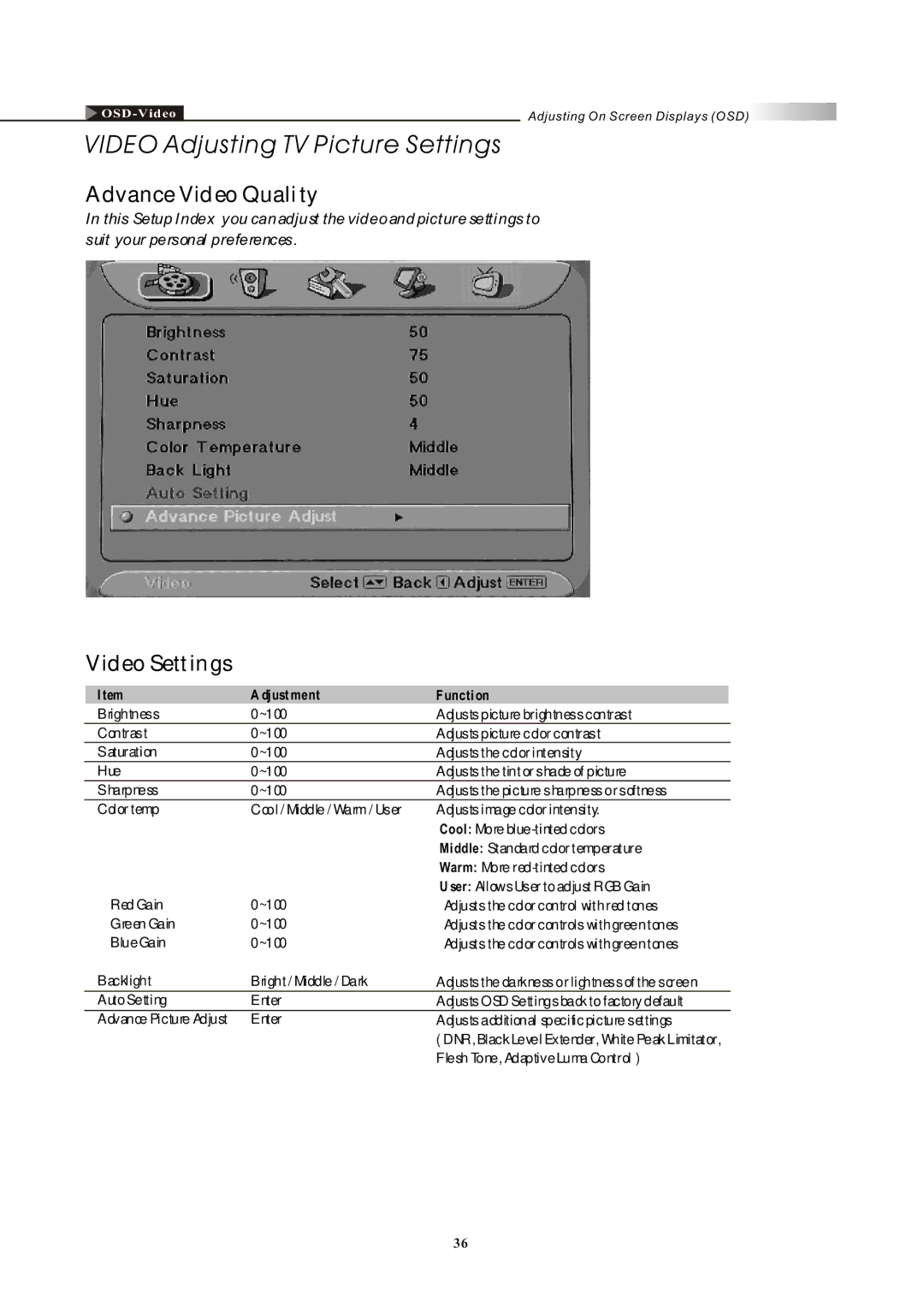 Olevia LT42HVi manual Advance Video Quality, Video Settings 