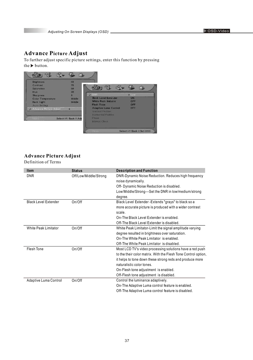 Olevia LT42HVi manual Advance Picture Adjust 