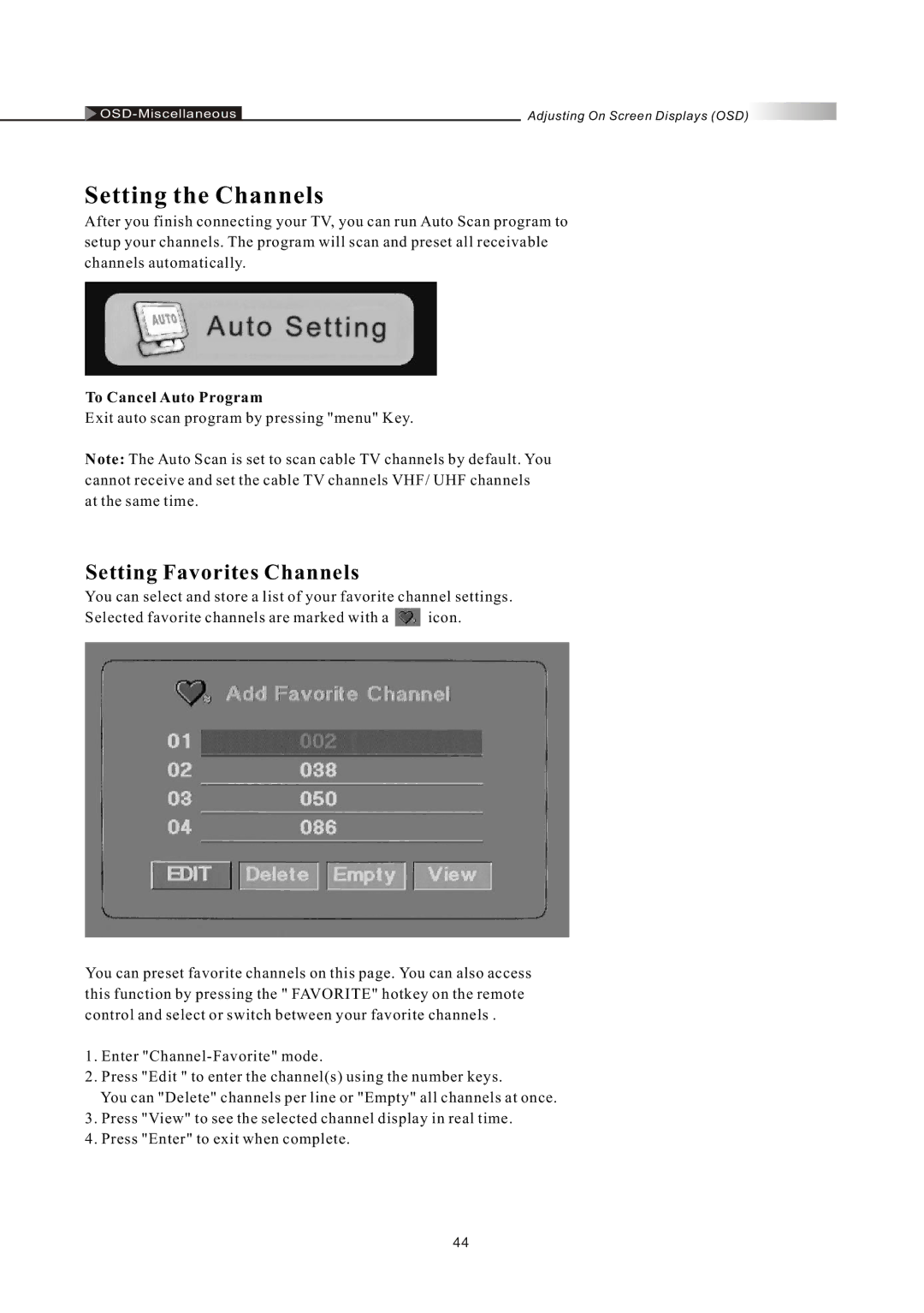 Olevia LT42HVi manual Setting Favorites Channels, To Cancel Auto Program 