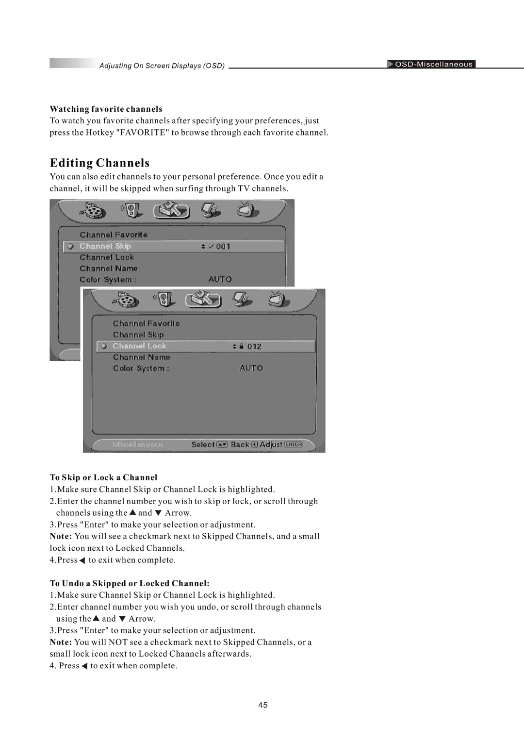 Olevia LT42HVi manual Editing Channels, Watching favorite channels, To Skip or Lock a Channel 