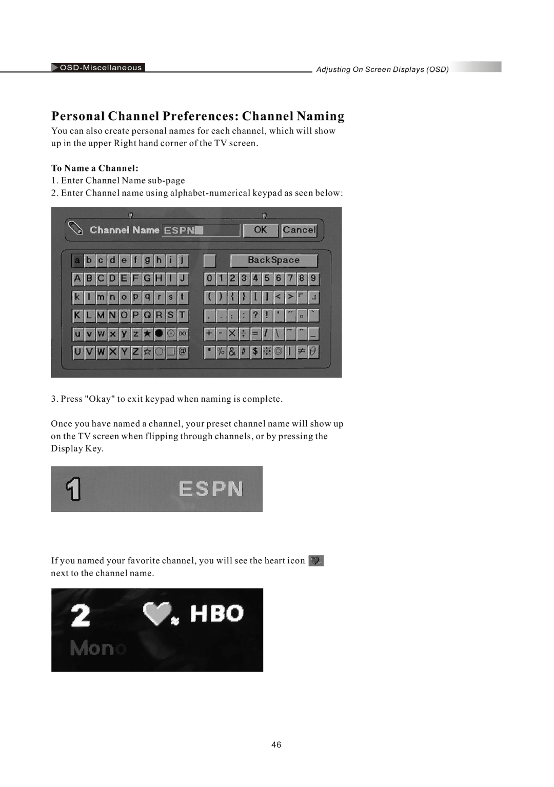 Olevia LT42HVi manual Personal Channel Preferences Channel Naming, To Name a Channel 