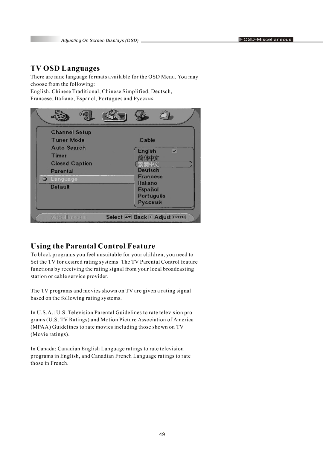 Olevia LT42HVi manual TV OSD Languages, Using the Parental Control Feature 