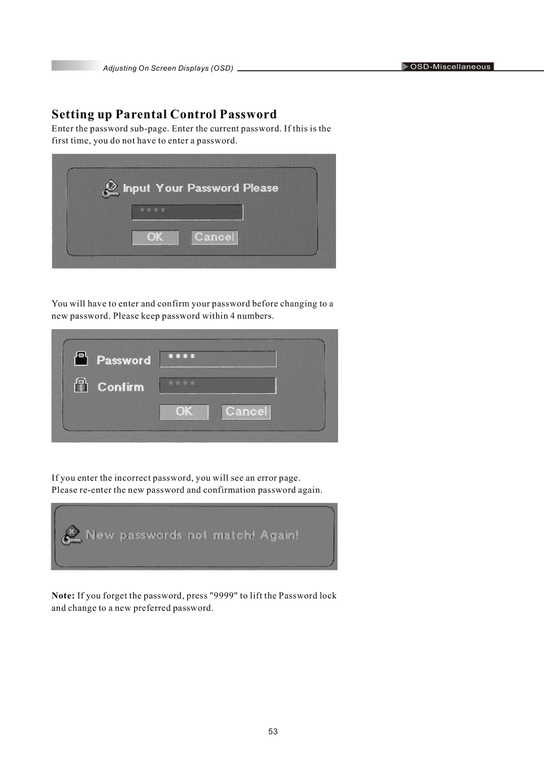 Olevia LT42HVi manual Setting up Parental Control Password 