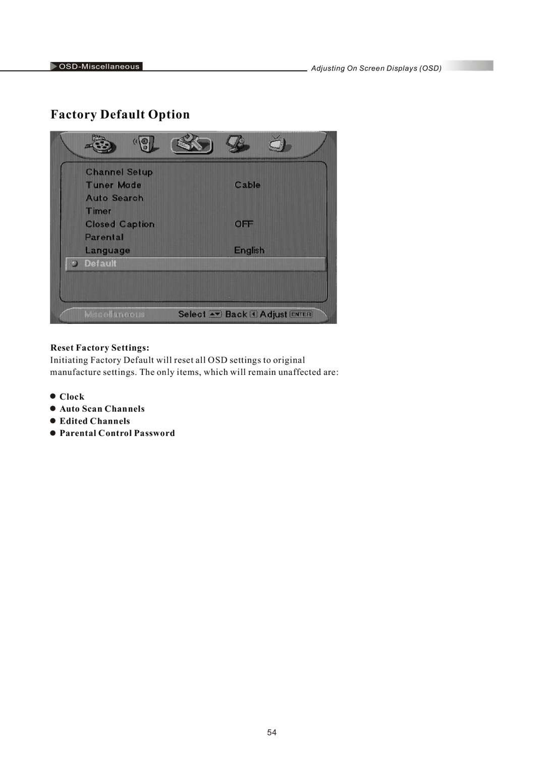 Olevia LT42HVi manual Factory Default Option, Reset Factory Settings 