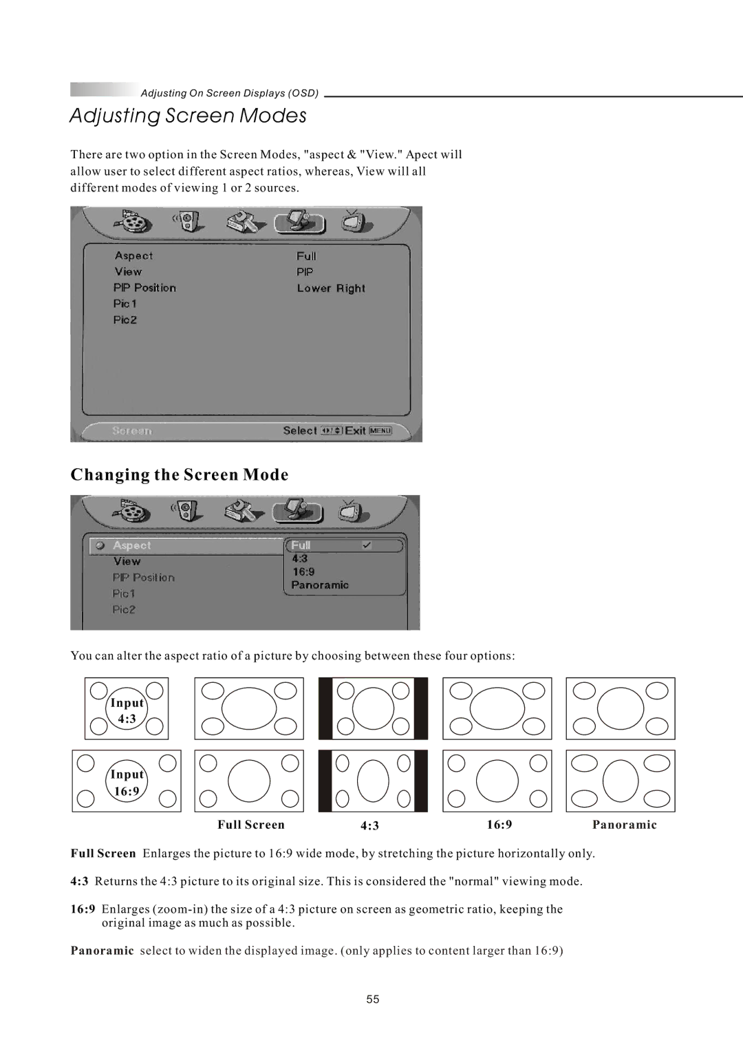 Olevia LT42HVi manual Changing the Screen Mode, Input Full Screen 169, Panoramic 