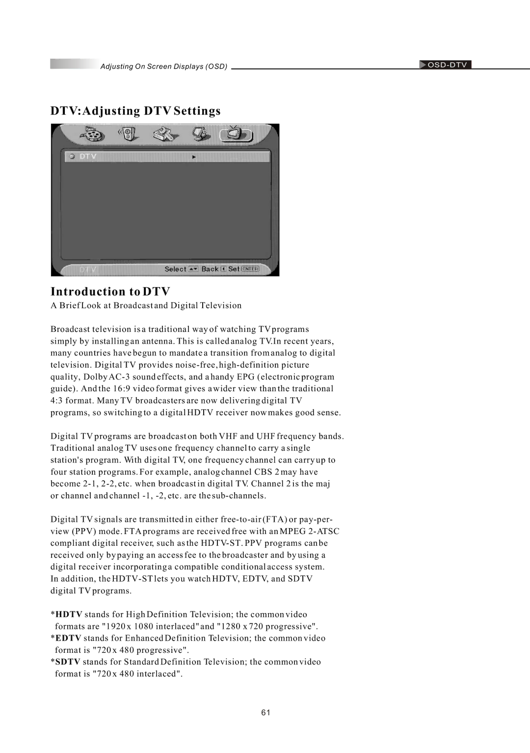 Olevia LT42HVi manual DTVAdjusting DTV Settings Introduction to DTV 