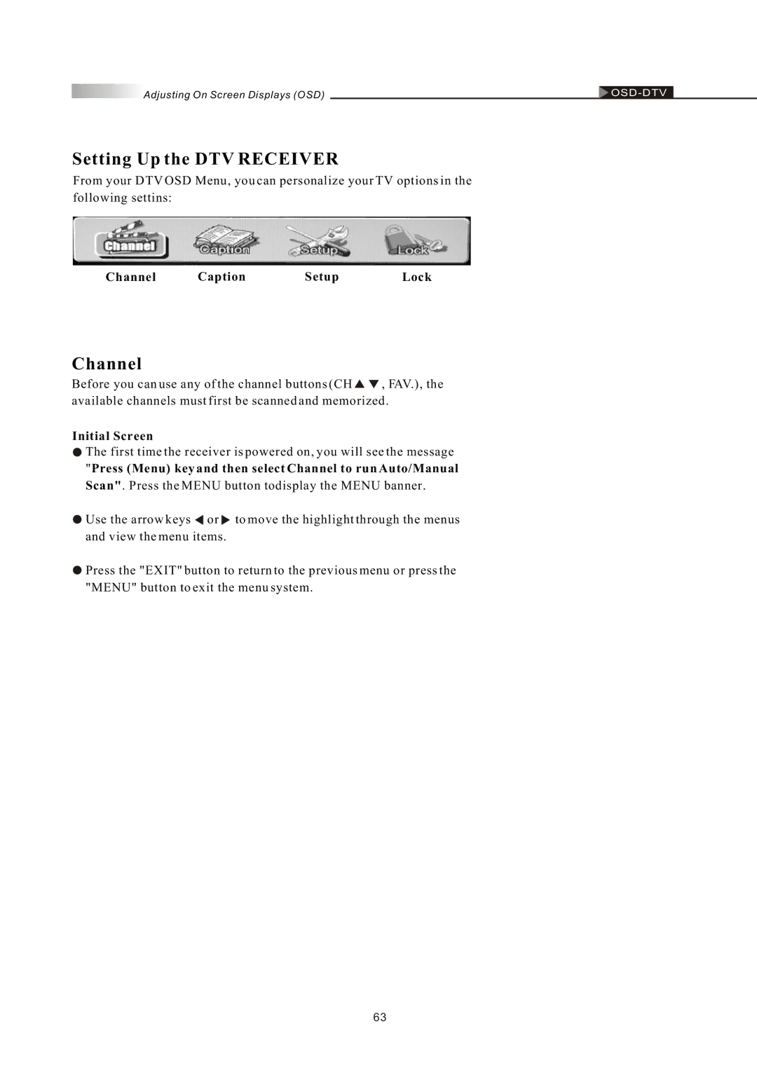 Olevia LT42HVi manual Setting Up the DTV Receiver, Channel Caption Setup Lock, Initial Screen 