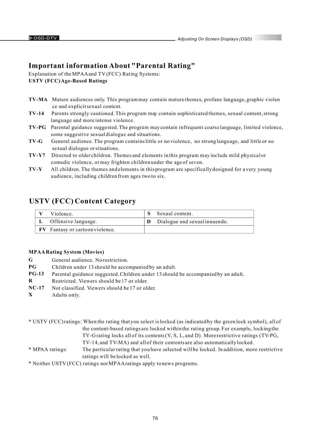 Olevia LT42HVi manual Important information About Parental Rating, Ustv FCC Content Category, Ustv FCC Age-Based Ratings 