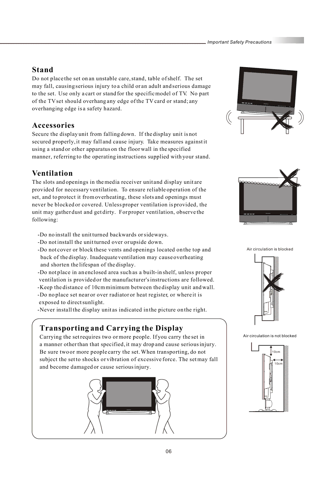 Olevia LT42HVi manual Stand, Accessories, Ventilation, Transporting and Carrying the Display 