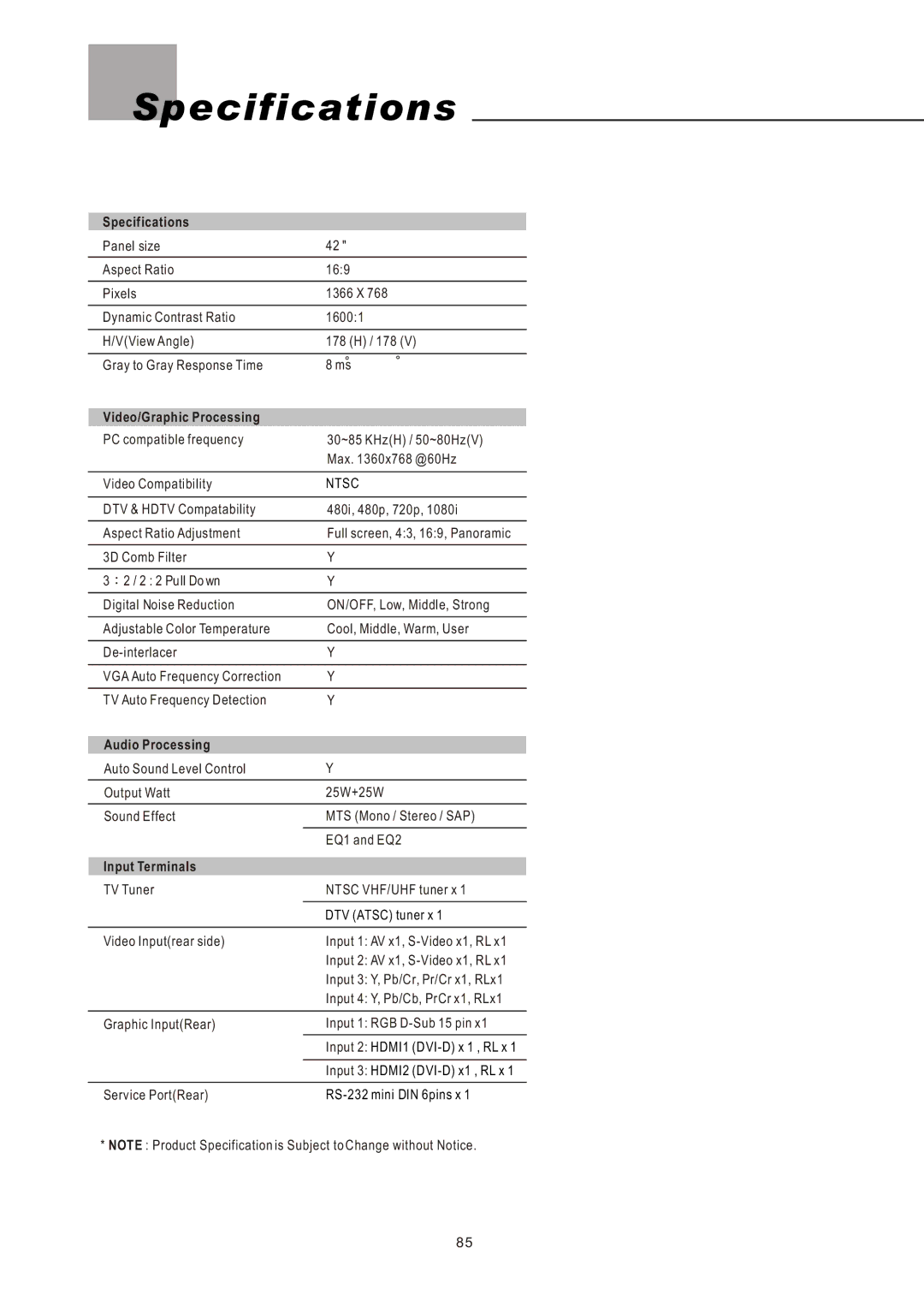 Olevia LT42HVi manual Specifications 