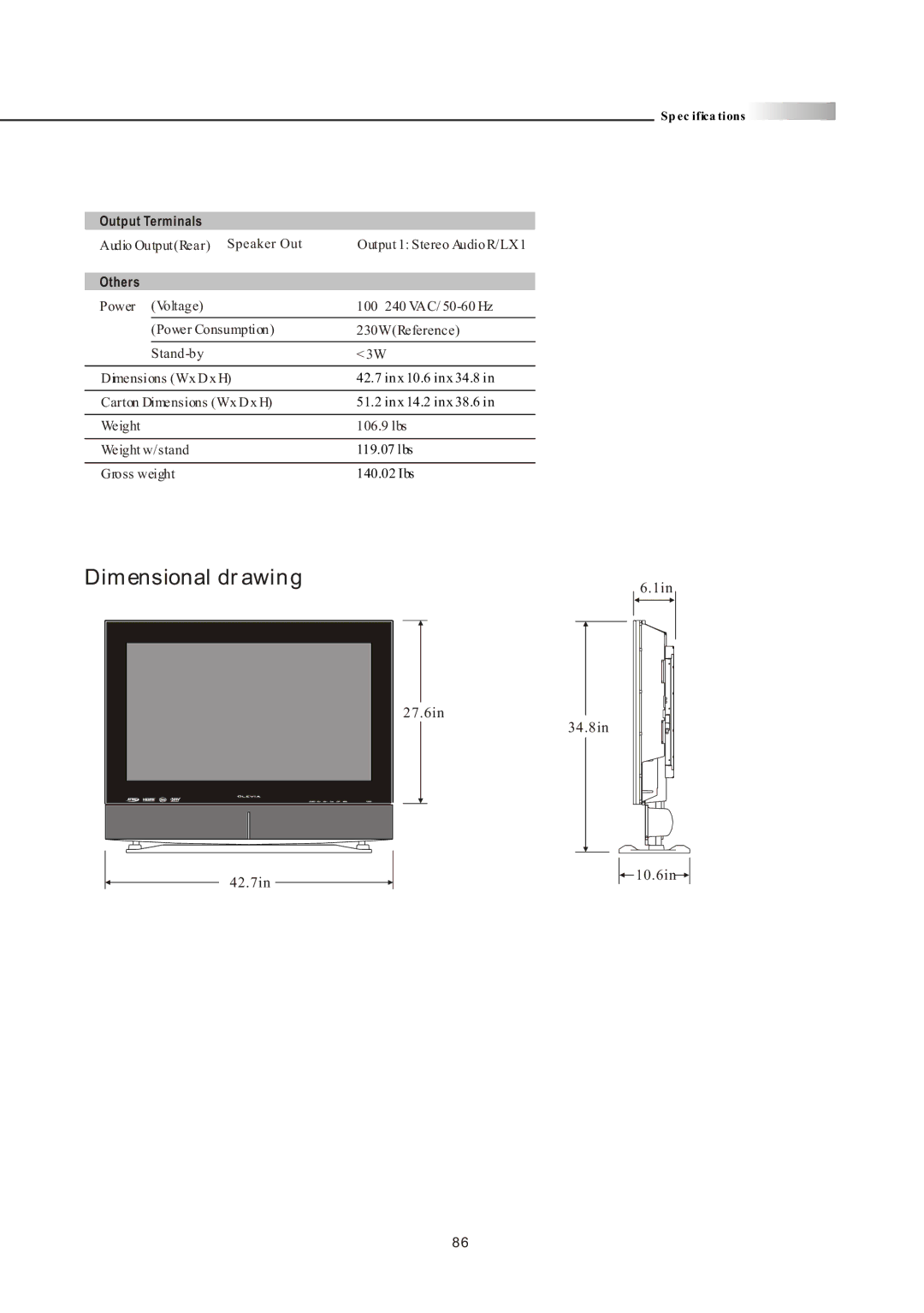 Olevia LT42HVi manual Dimensional drawing, Others 