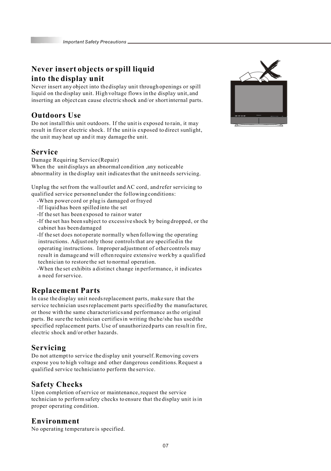 Olevia LT42HVi manual Never insert objects or spill liquid Into the display unit, Outdoors Use, Service, Replacement Parts 