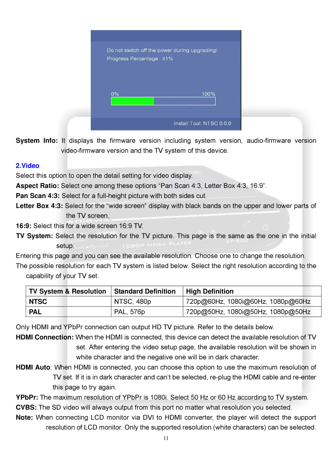 Olevia ZP-500 manual Video, TV System & Resolution Standard Definition High Definition 