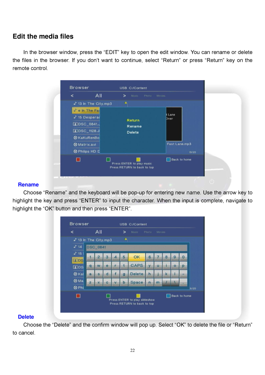 Olevia ZP-500 manual Edit the media files, Rename, Delete 