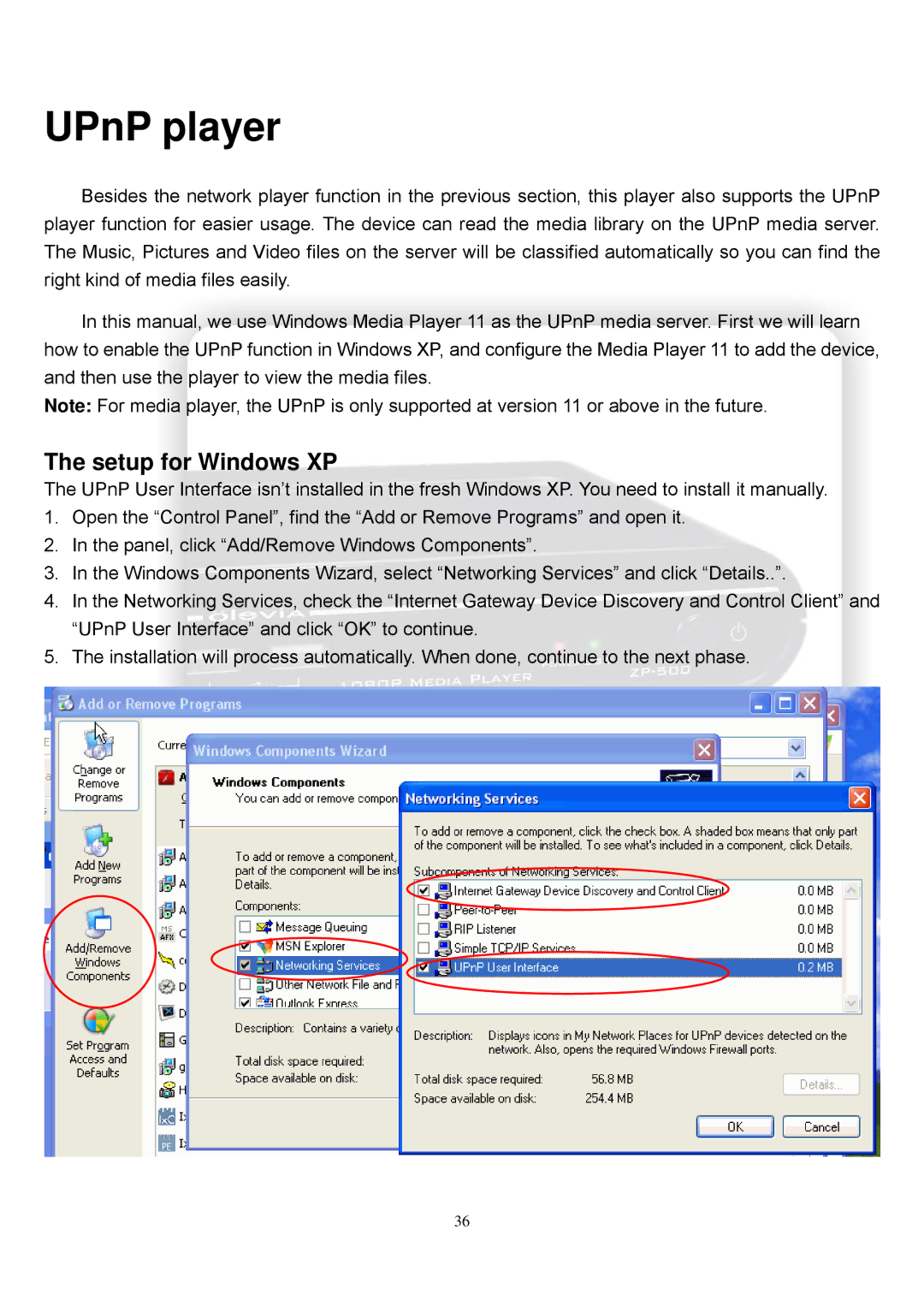 Olevia ZP-500 manual UPnP player, Setup for Windows XP 