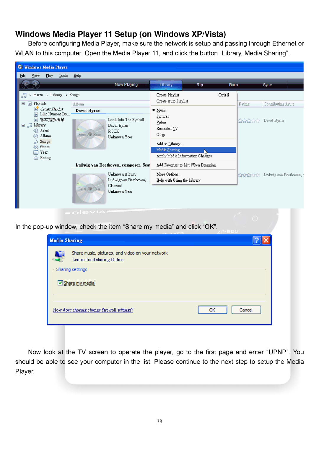 Olevia ZP-500 manual Windows Media Player 11 Setup on Windows XP/Vista 