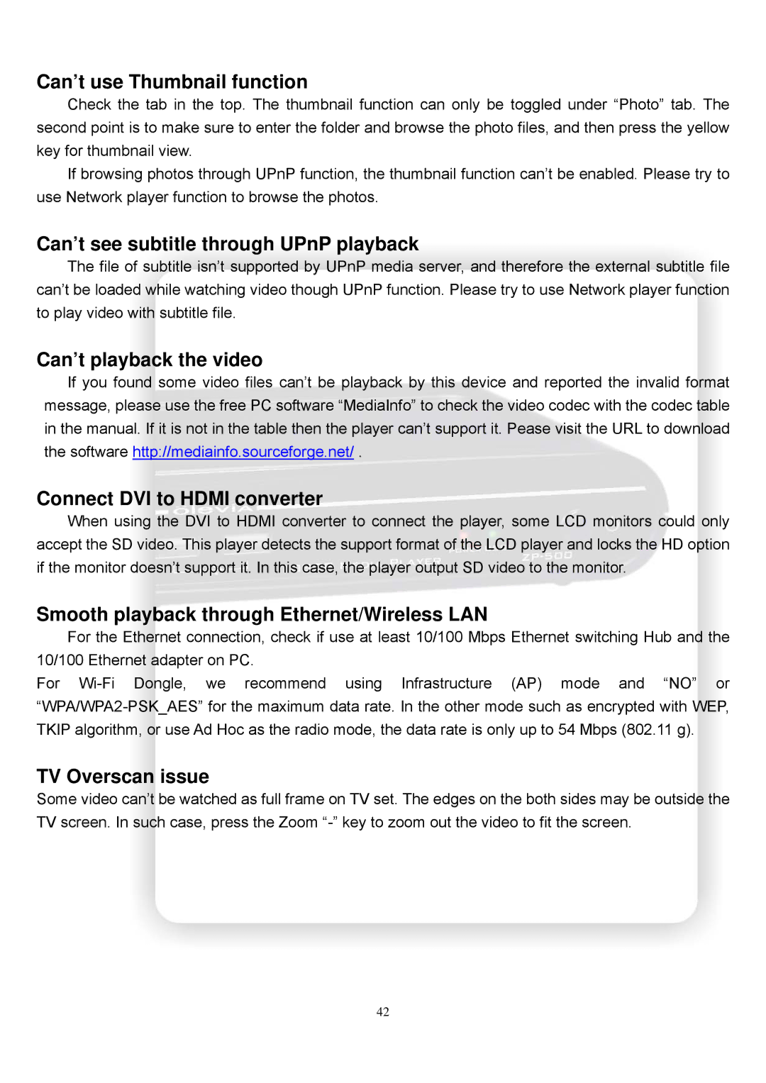 Olevia ZP-500 manual Can’t use Thumbnail function, Can’t see subtitle through UPnP playback, Can’t playback the video 