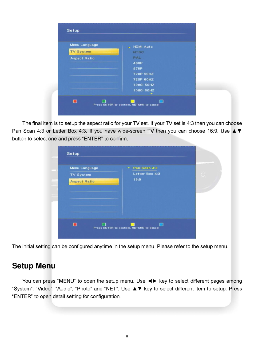 Olevia ZP-500 manual Setup Menu 