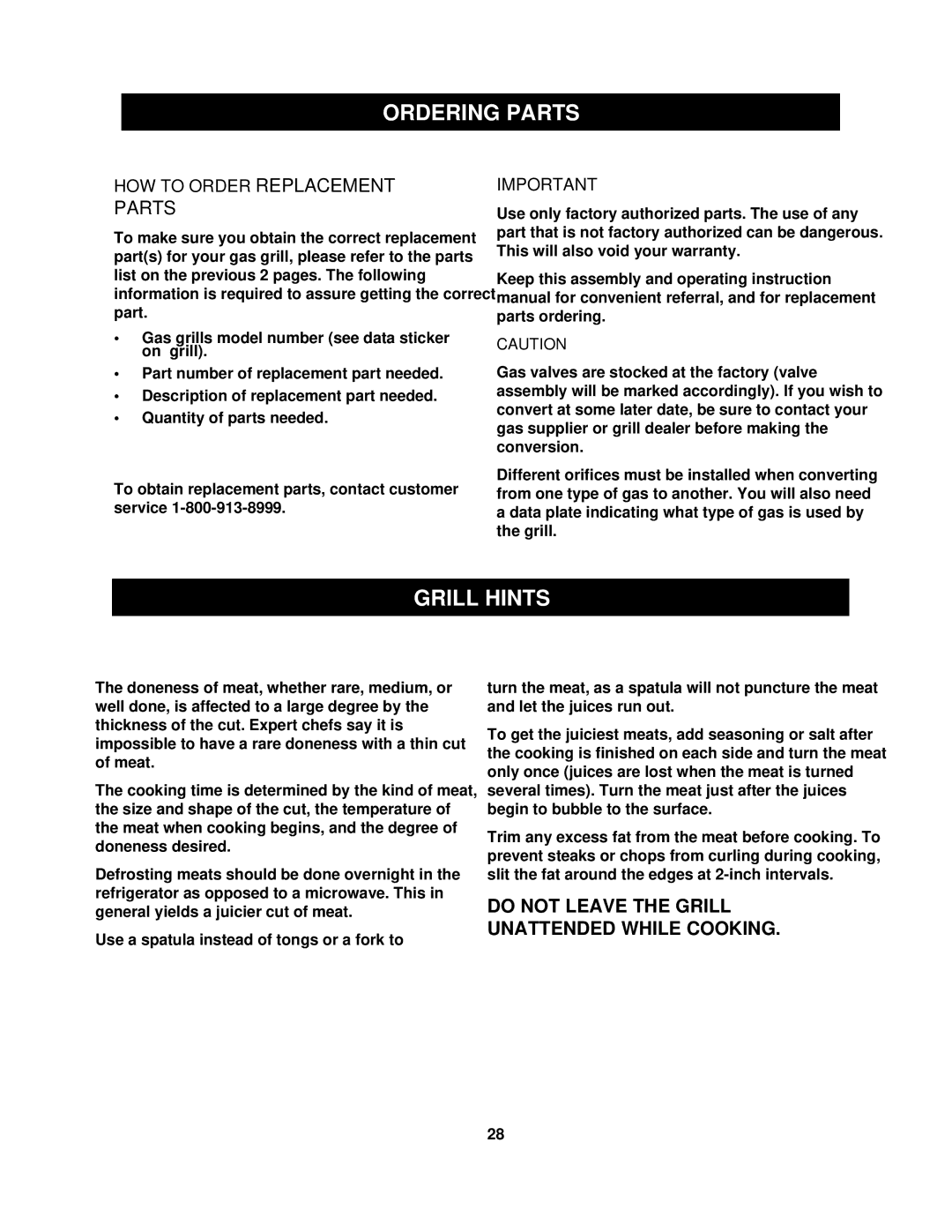 Olfa 720-0430 manual Ordering Parts, Grill Hints 