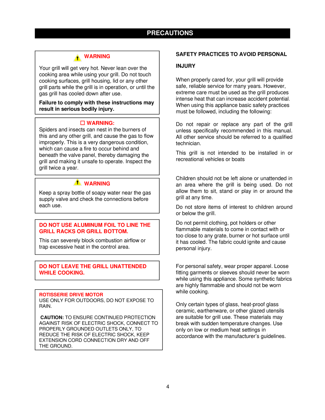 Olfa 720-0430 manual Do not Leave the Grill Unattended While Cooking, Safety Practices to Avoid Personal Injury 