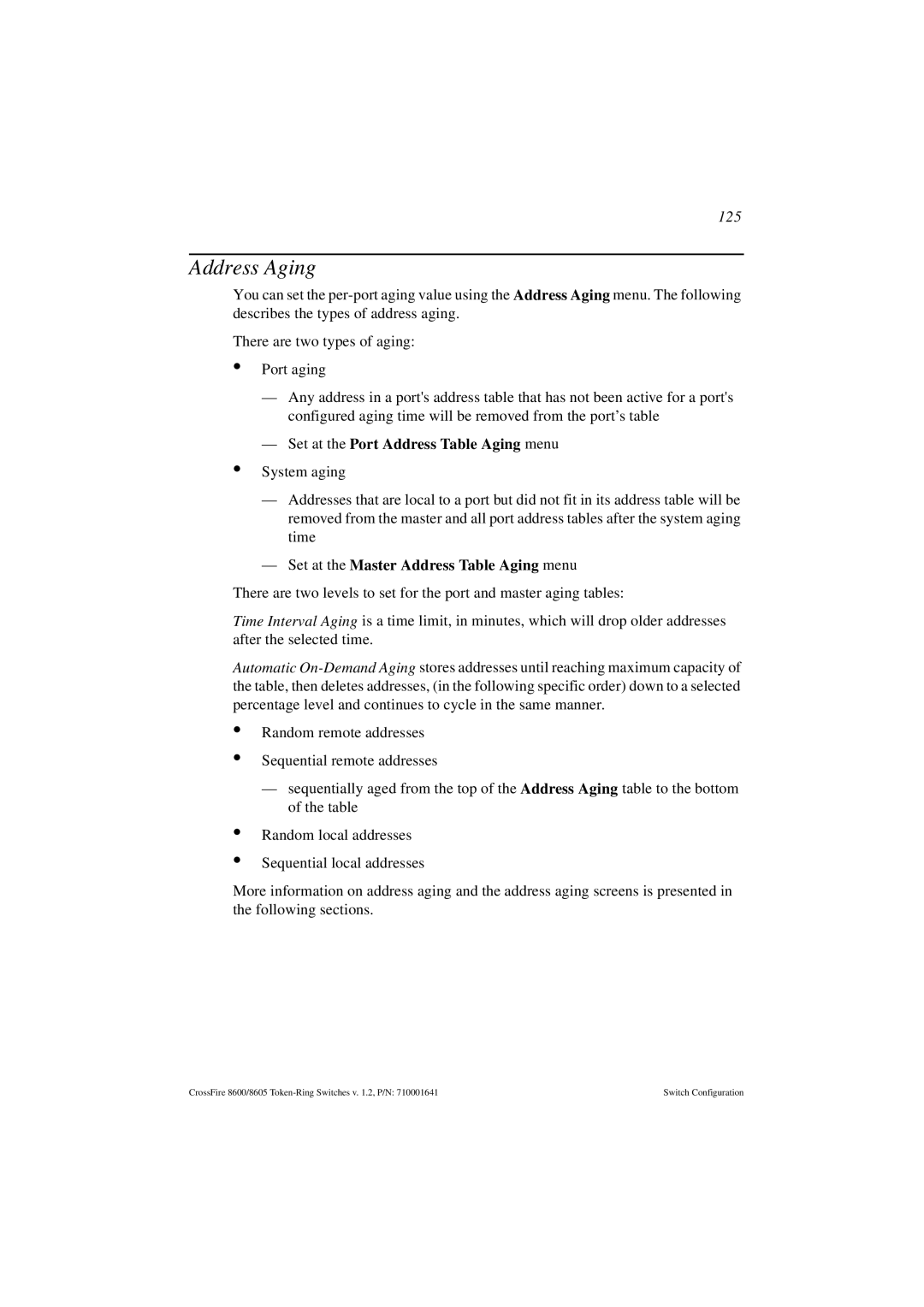 Olicom 8600, 8605 Address Aging, 125, Set at the Port Address Table Aging menu, Set at the Master Address Table Aging menu 