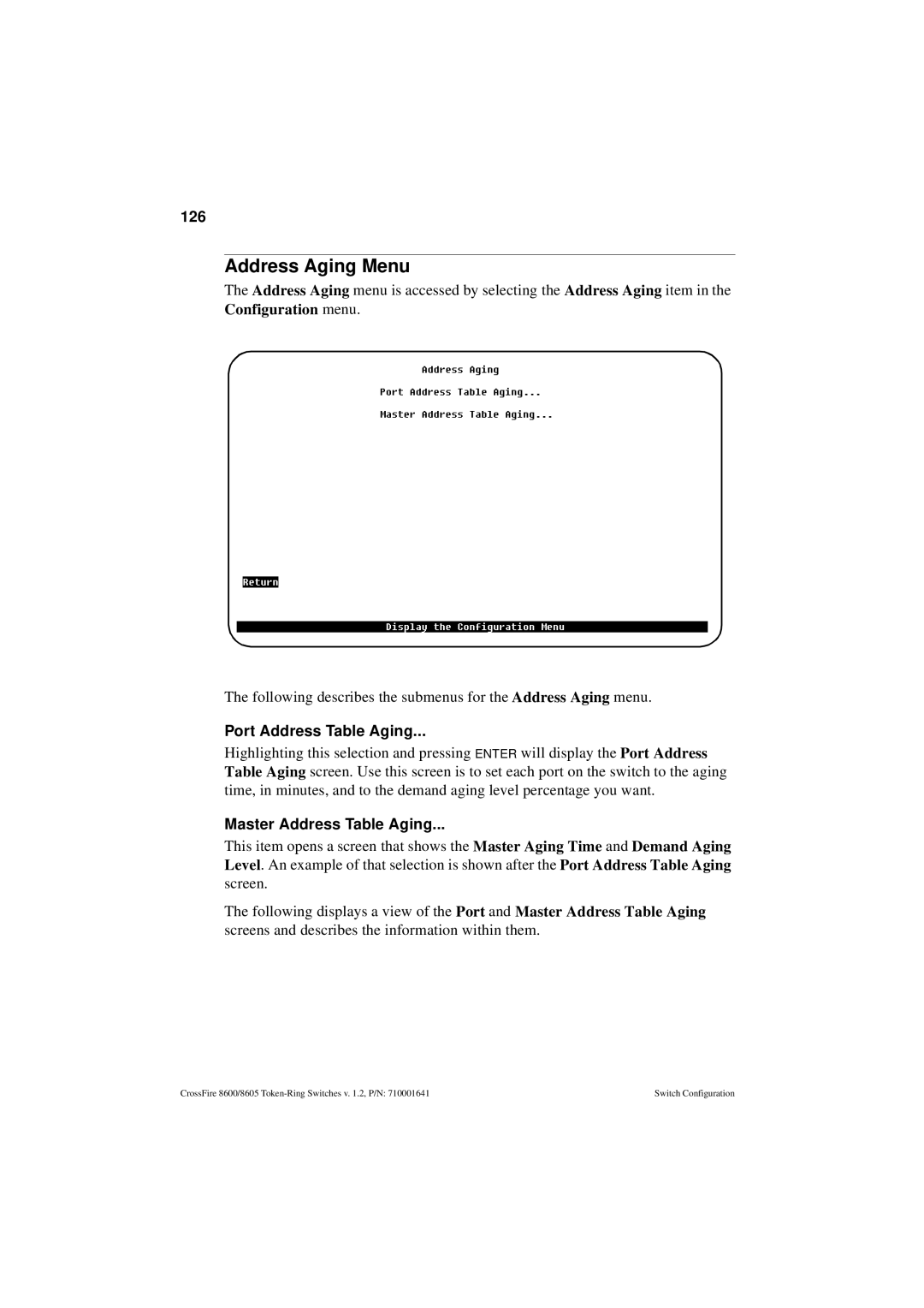 Olicom 8605, 8600 manual Address Aging Menu, 126, Configuration menu, Port Address Table Aging, Master Address Table Aging 