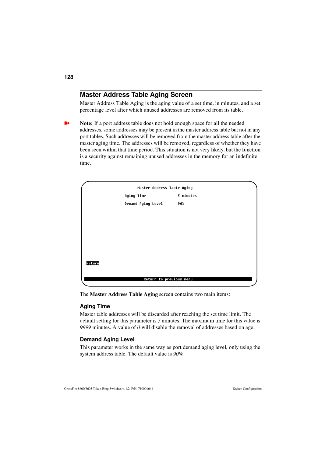 Olicom 8605, 8600 manual Master Address Table Aging Screen, 128, Aging Time 