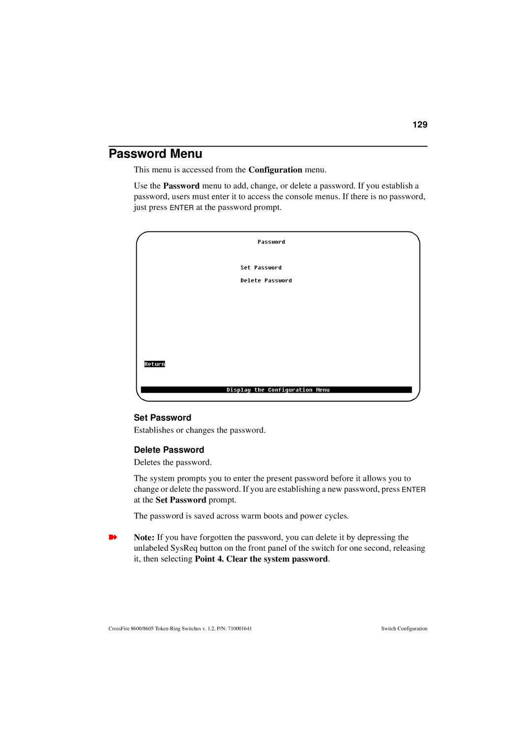 Olicom 8600, 8605 manual Password Menu, 129, Set Password, Delete Password 