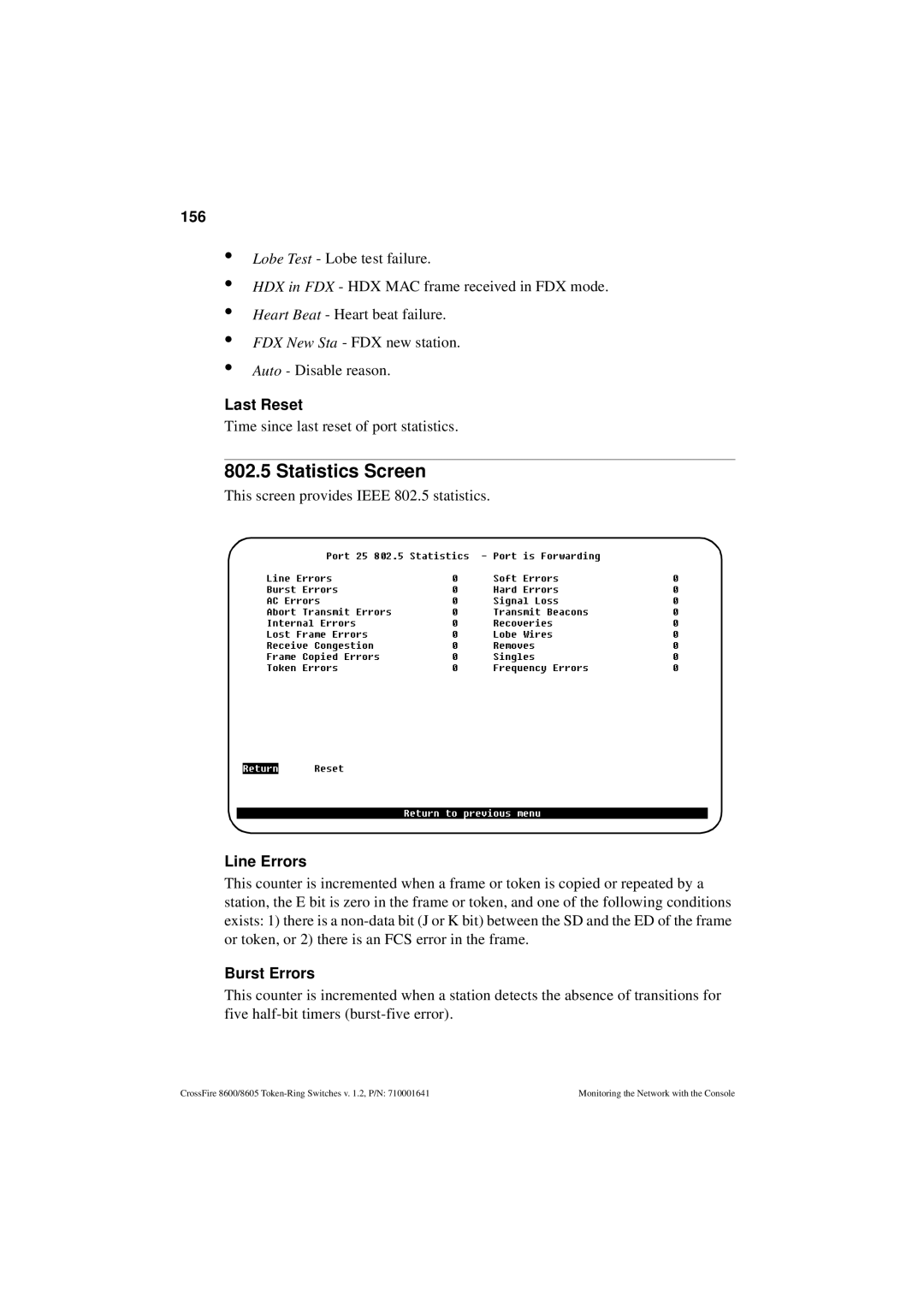 Olicom 8605, 8600 manual Statistics Screen, 156, Last Reset, Line Errors, Burst Errors 