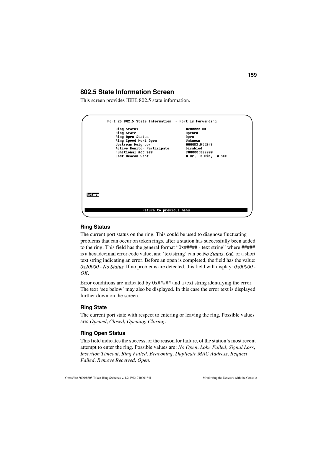 Olicom 8600, 8605 manual State Information Screen, 159, Ring Status, Ring State, Ring Open Status 