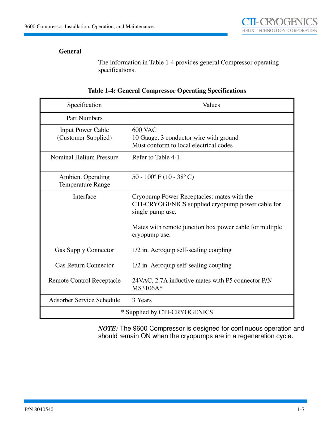 Olicom 9600 manual General Compressor Operating Specifications 