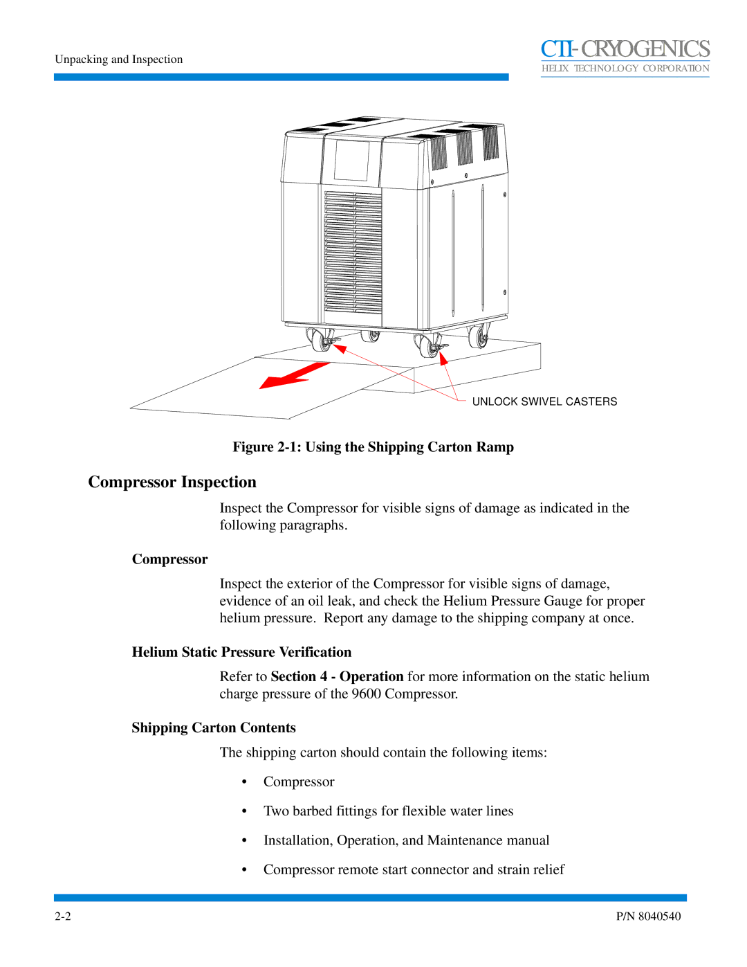 Olicom 9600 manual Compressor Inspection, Helium Static Pressure Verification, Shipping Carton Contents 