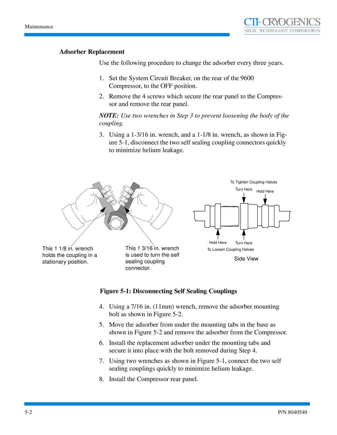 Olicom 9600 manual Adsorber Replacement, Disconnecting Self Sealing Couplings 